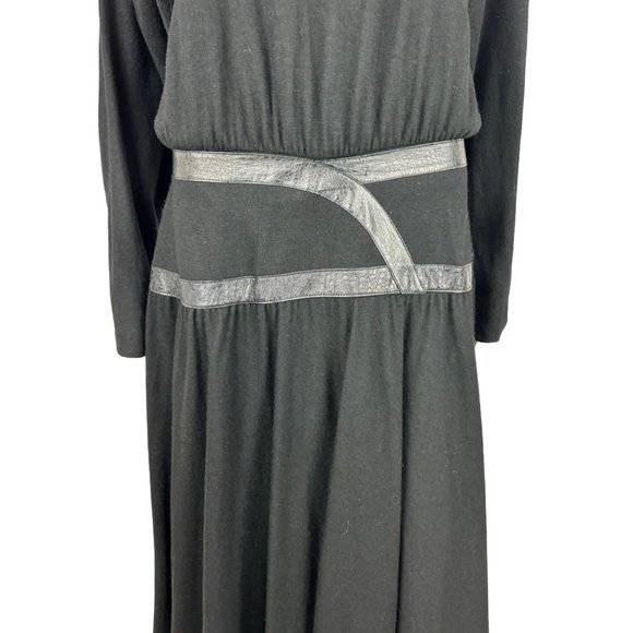 Vintage 80s Black Dress Women's Large Faux Leather Trim Waist Batwing Sleeves Bo - Picture 5 of 10